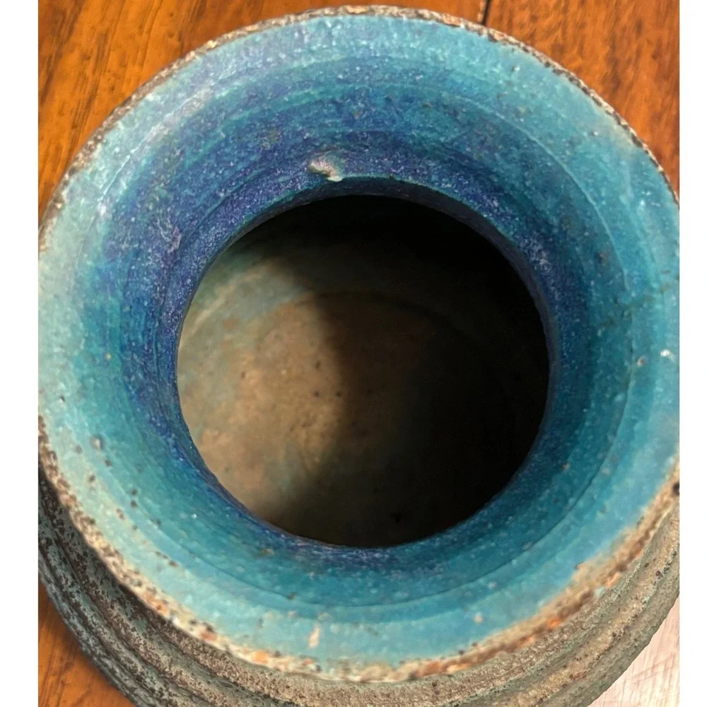 Stoneware Pottery Turquoise Blue Ribbed Textured‎ Vase Pot Signed Brutalist 5.5